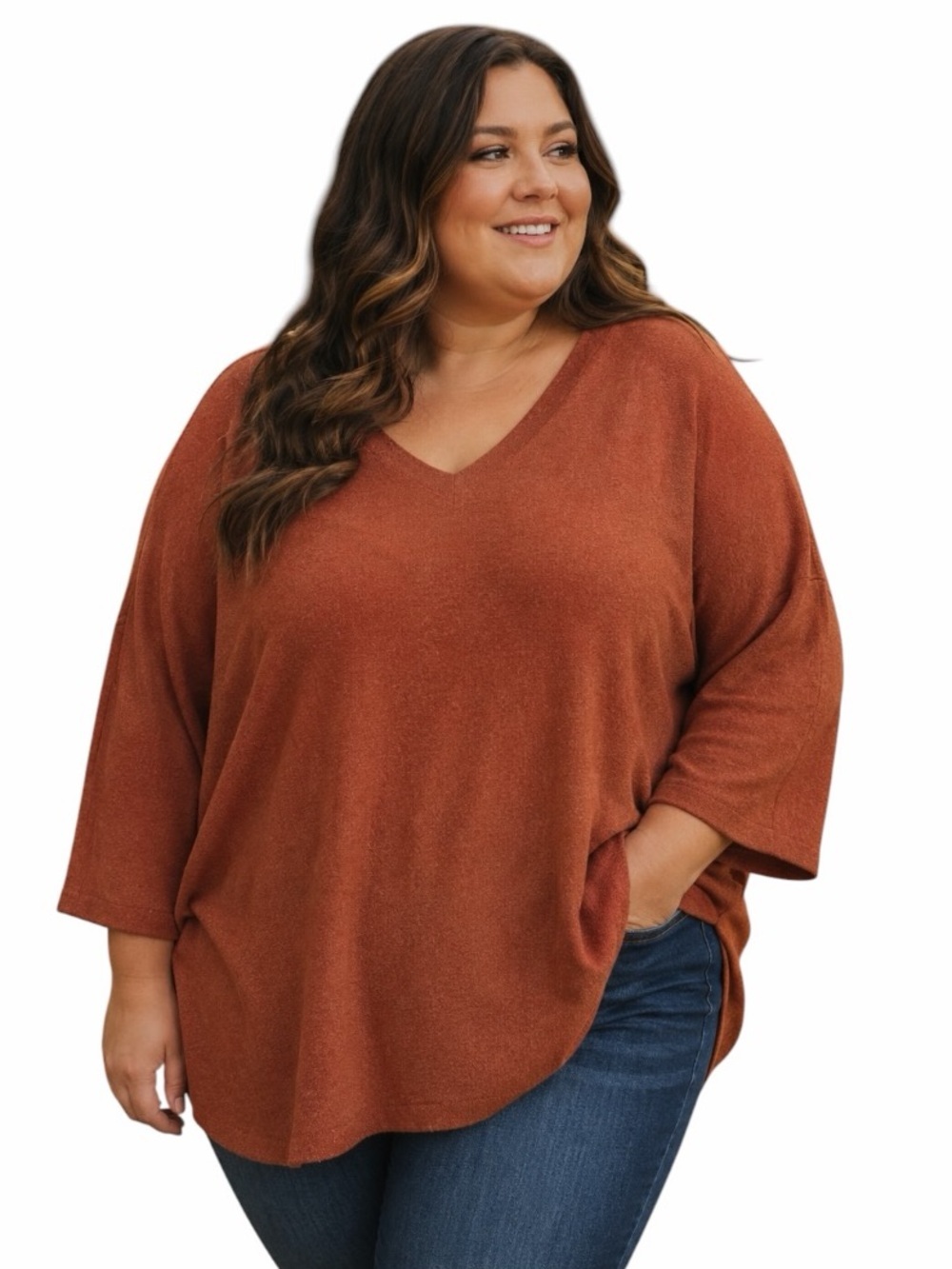 Vilo Milano 1X Rust Orange Lightweight Cozy V-neck Sweater Dolman Sleeves